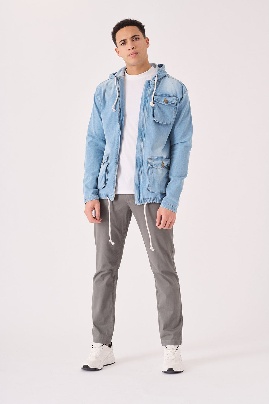HOODED DENIM JACKET - LIGHT BLUE WASH - JMOJO - Men's Hooded Cargo Denim Jackets