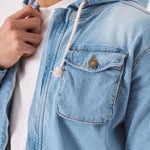 HOODED DENIM JACKET - LIGHT BLUE WASH - JMOJO - Men's Hooded Cargo Denim Jackets