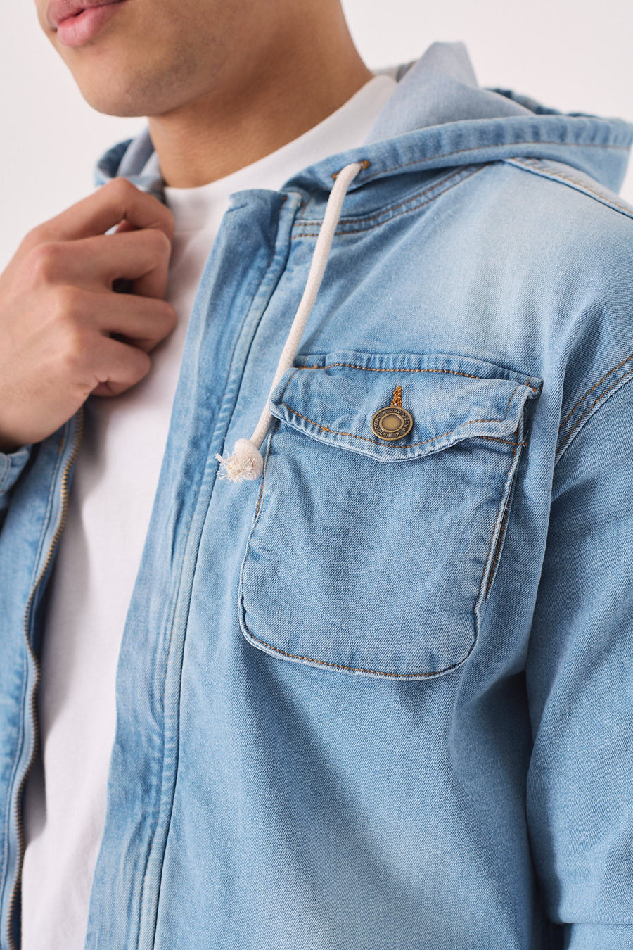 HOODED DENIM JACKET - LIGHT BLUE WASH - JMOJO - Men's Hooded Cargo Denim Jackets