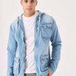 HOODED DENIM JACKET - LIGHT BLUE WASH - JMOJO - Men's Hooded Cargo Denim Jackets