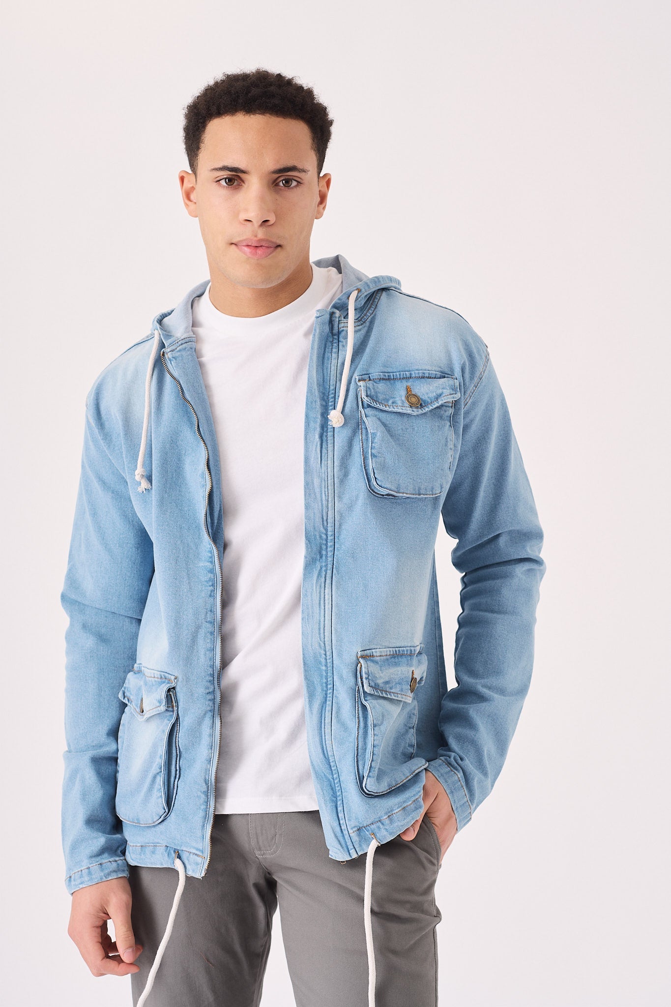 HOODED DENIM JACKET - LIGHT BLUE WASH - JMOJO - Men's Hooded Cargo Denim Jackets
