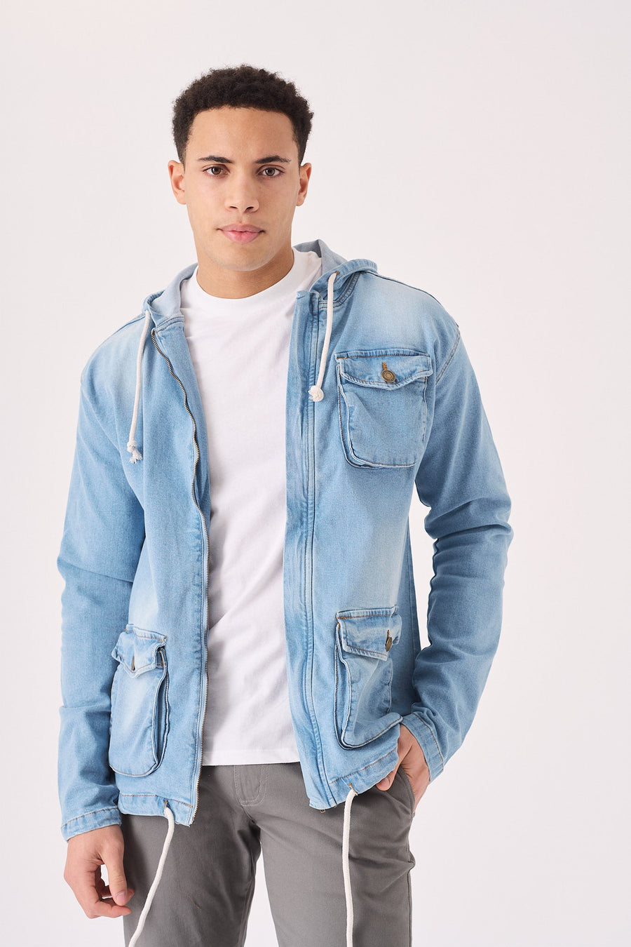 HOODED DENIM JACKET - LIGHT BLUE WASH - JMOJO - Men's Hooded Cargo Denim Jackets