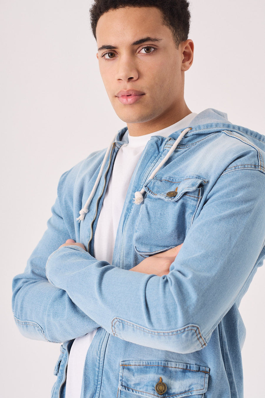 HOODED DENIM JACKET - LIGHT BLUE WASH - JMOJO - Men's Hooded Cargo Denim Jackets