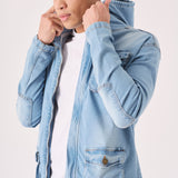 HOODED DENIM JACKET - LIGHT BLUE WASH - JMOJO - Men's Hooded Cargo Denim Jackets