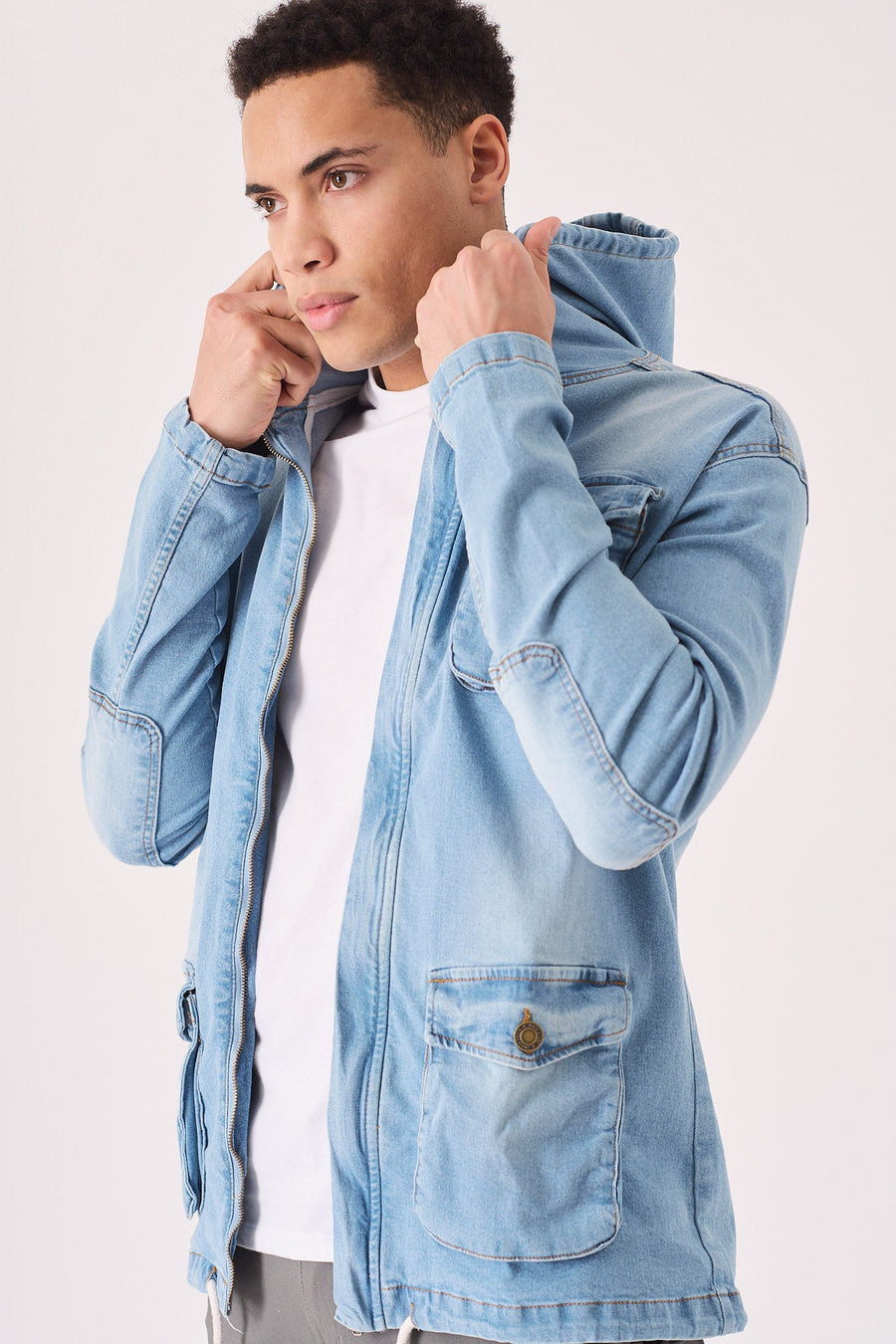 HOODED DENIM JACKET - LIGHT BLUE WASH - JMOJO - Men's Hooded Cargo Denim Jackets