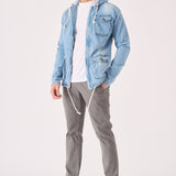 HOODED DENIM JACKET - LIGHT BLUE WASH - JMOJO - Men's Hooded Cargo Denim Jackets