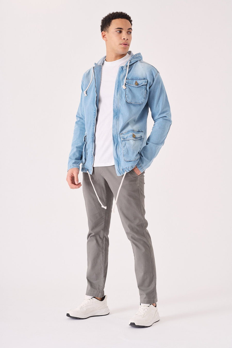HOODED DENIM JACKET - LIGHT BLUE WASH - JMOJO - Men's Hooded Cargo Denim Jackets