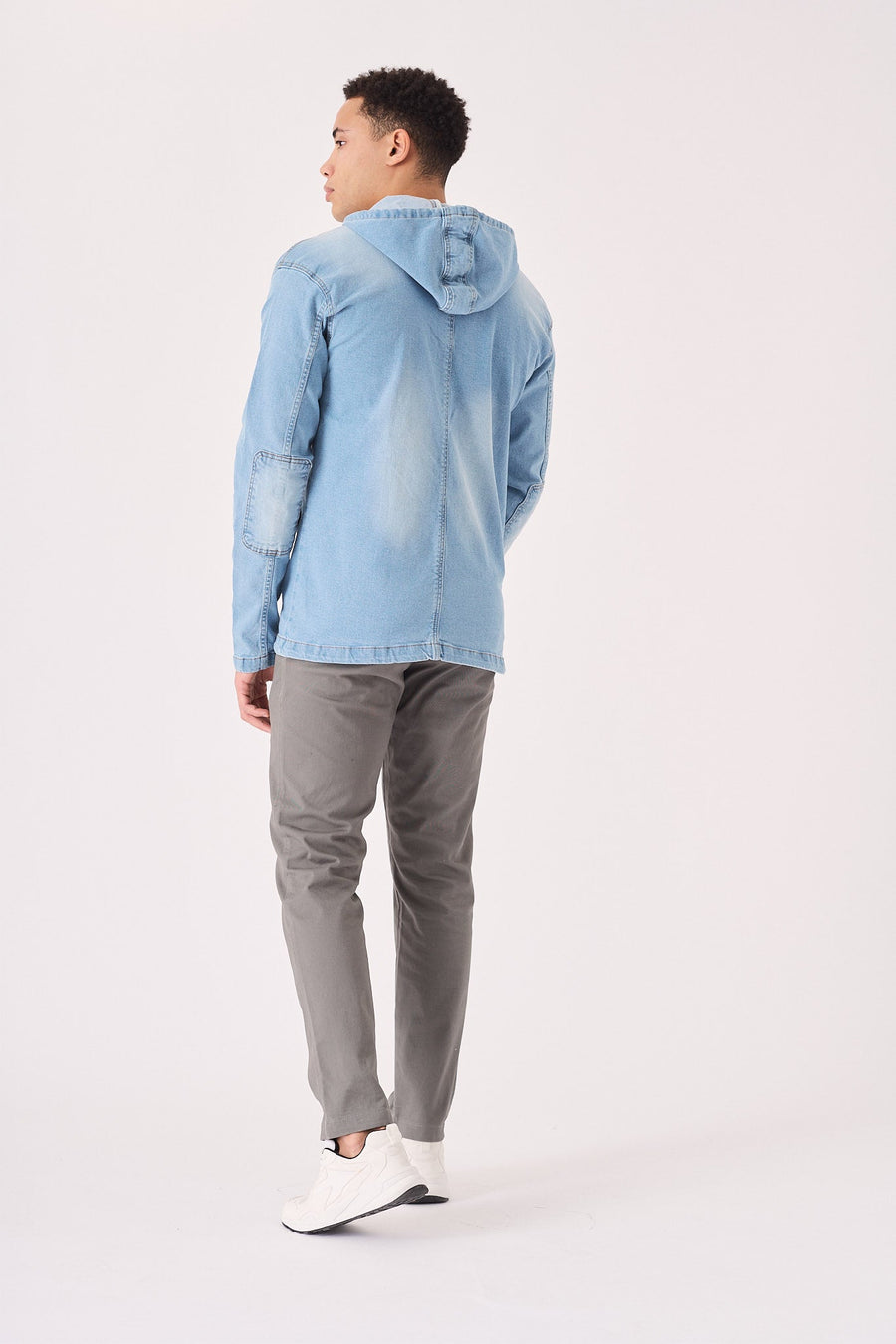 HOODED DENIM JACKET - LIGHT BLUE WASH - JMOJO - Men's Hooded Cargo Denim Jackets