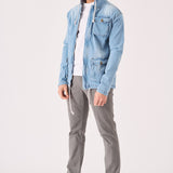 HOODED DENIM JACKET - LIGHT BLUE WASH - JMOJO - Men's Hooded Cargo Denim Jackets