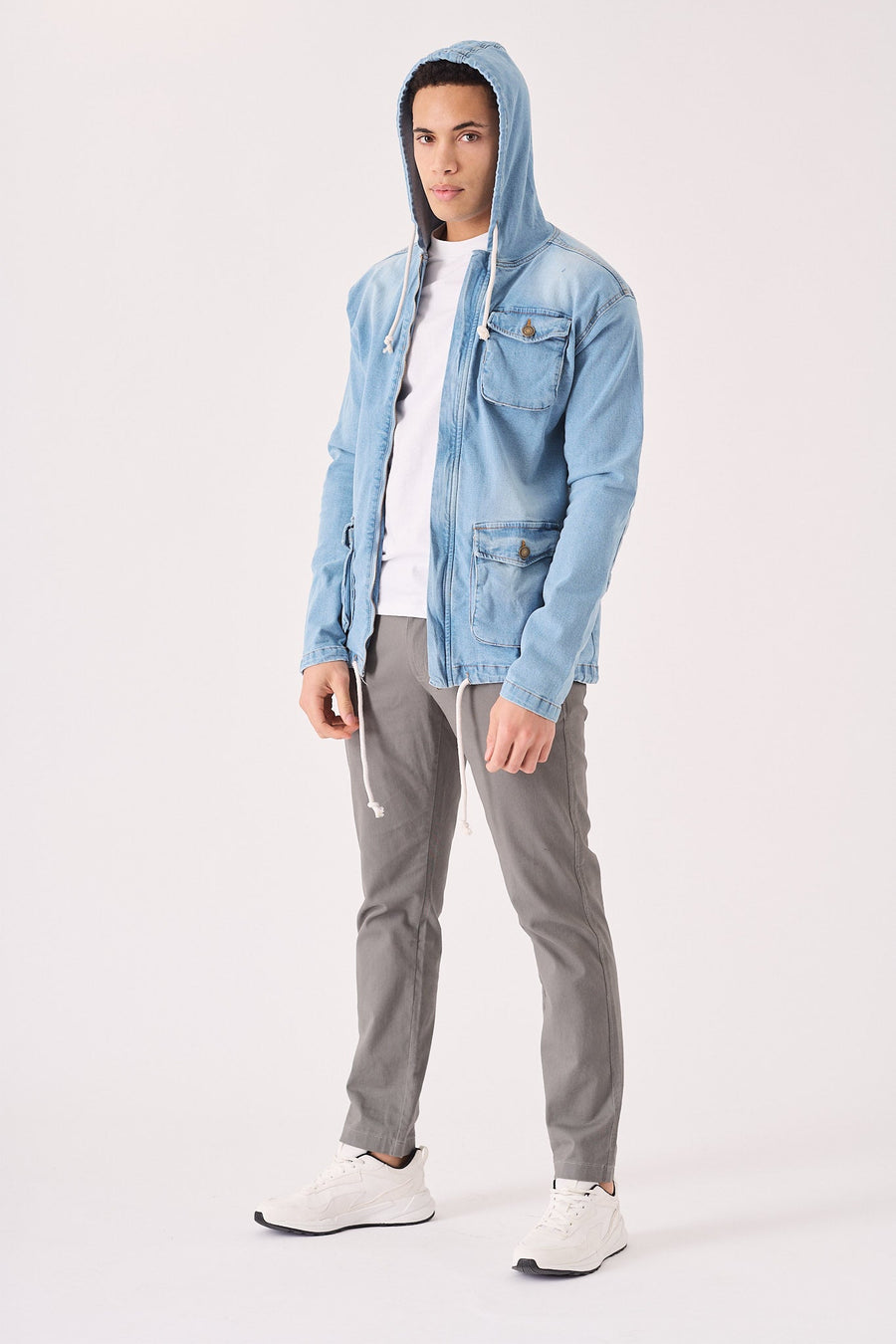 HOODED DENIM JACKET - LIGHT BLUE WASH - JMOJO - Men's Hooded Cargo Denim Jackets