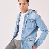 HOODED DENIM JACKET - LIGHT BLUE WASH - JMOJO - Men's Hooded Cargo Denim Jackets
