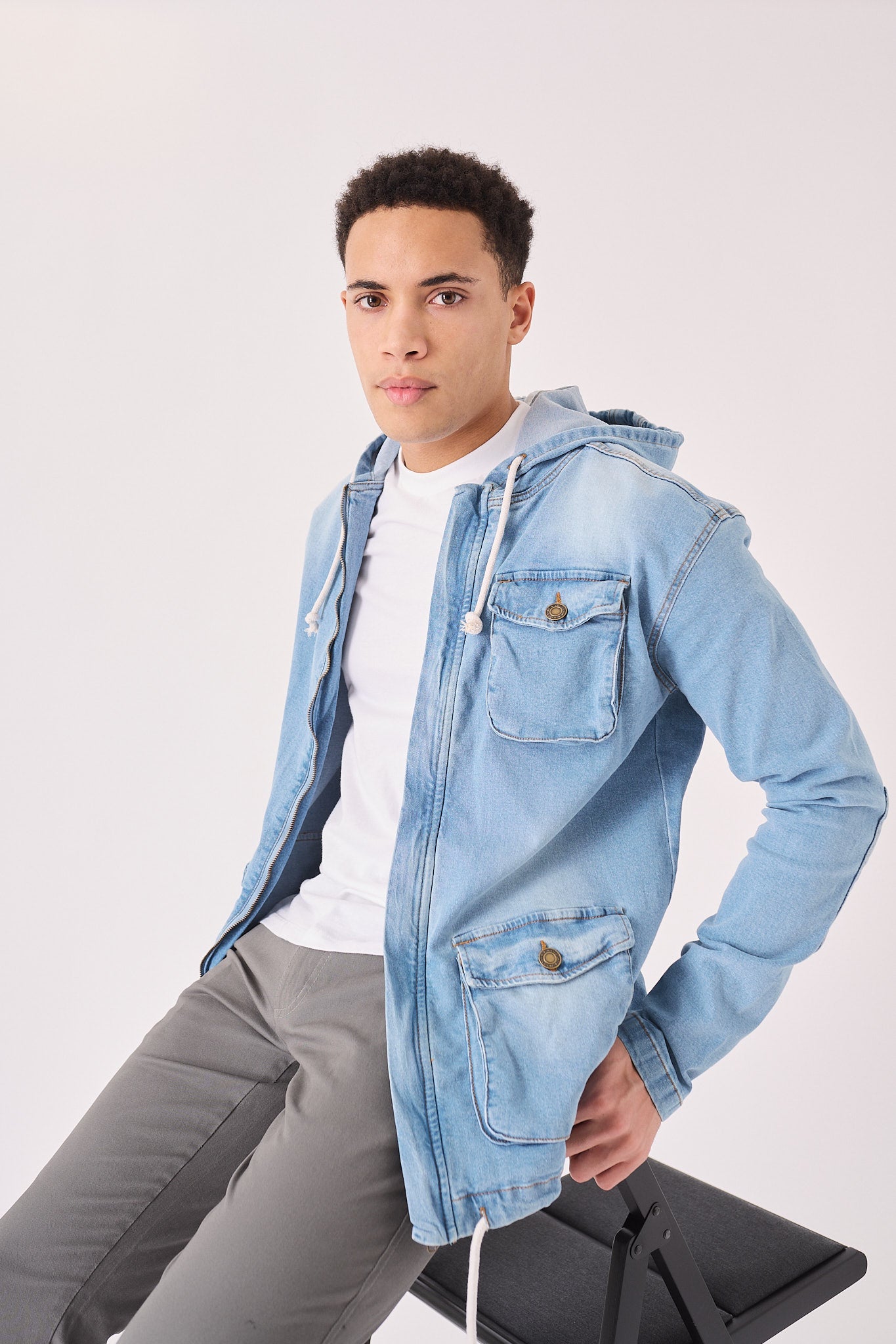 HOODED DENIM JACKET - LIGHT BLUE WASH - JMOJO - Men's Hooded Cargo Denim Jackets