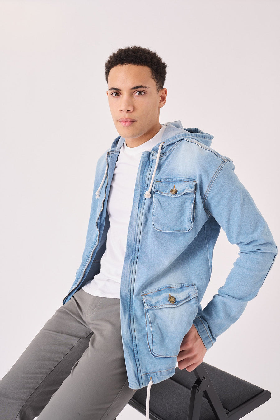 HOODED DENIM JACKET - LIGHT BLUE WASH - JMOJO - Men's Hooded Cargo Denim Jackets