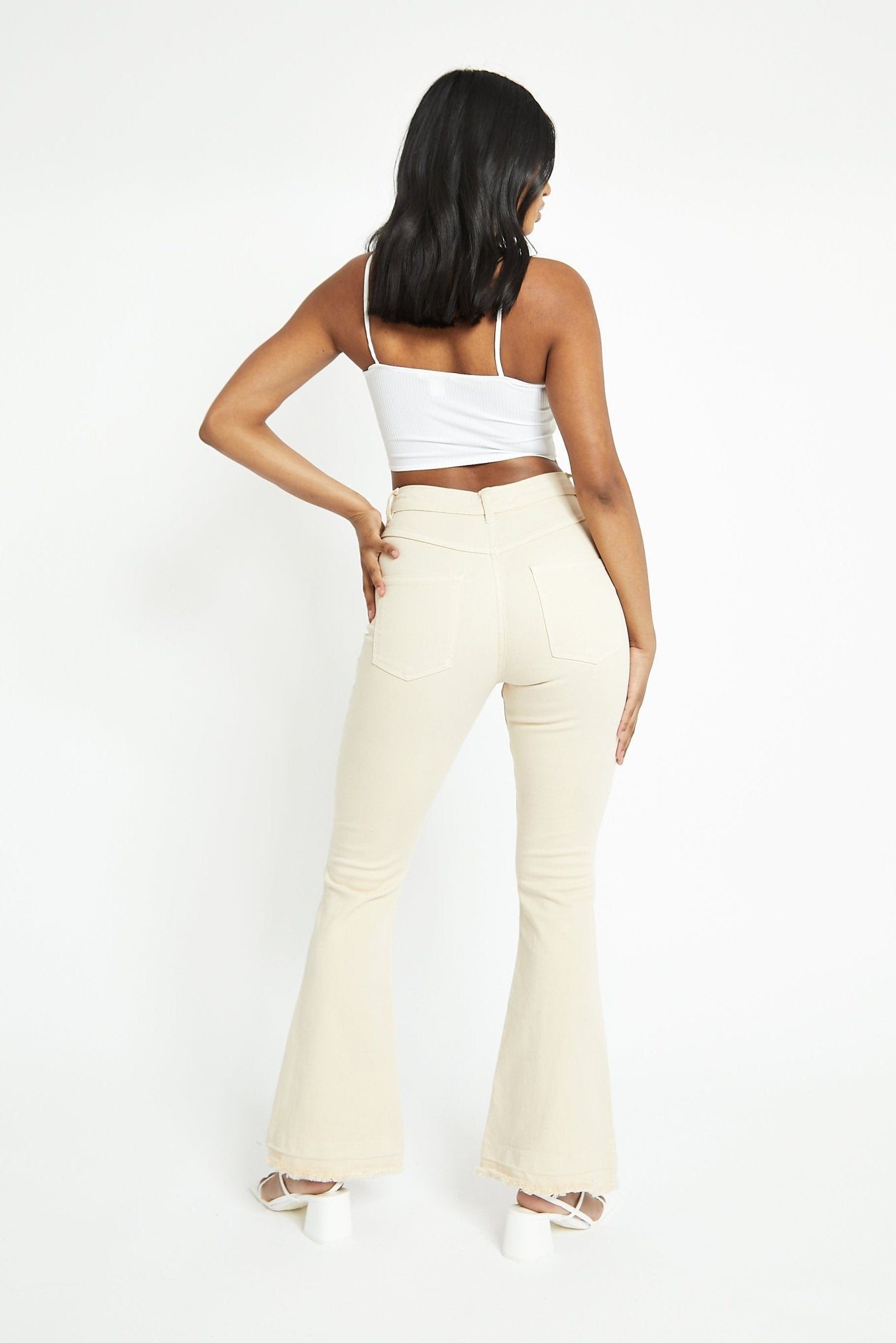 IVORIA High Waisted Stretch Flare Jeans - Ecru - JMOJO - Women's Flare Jeans
