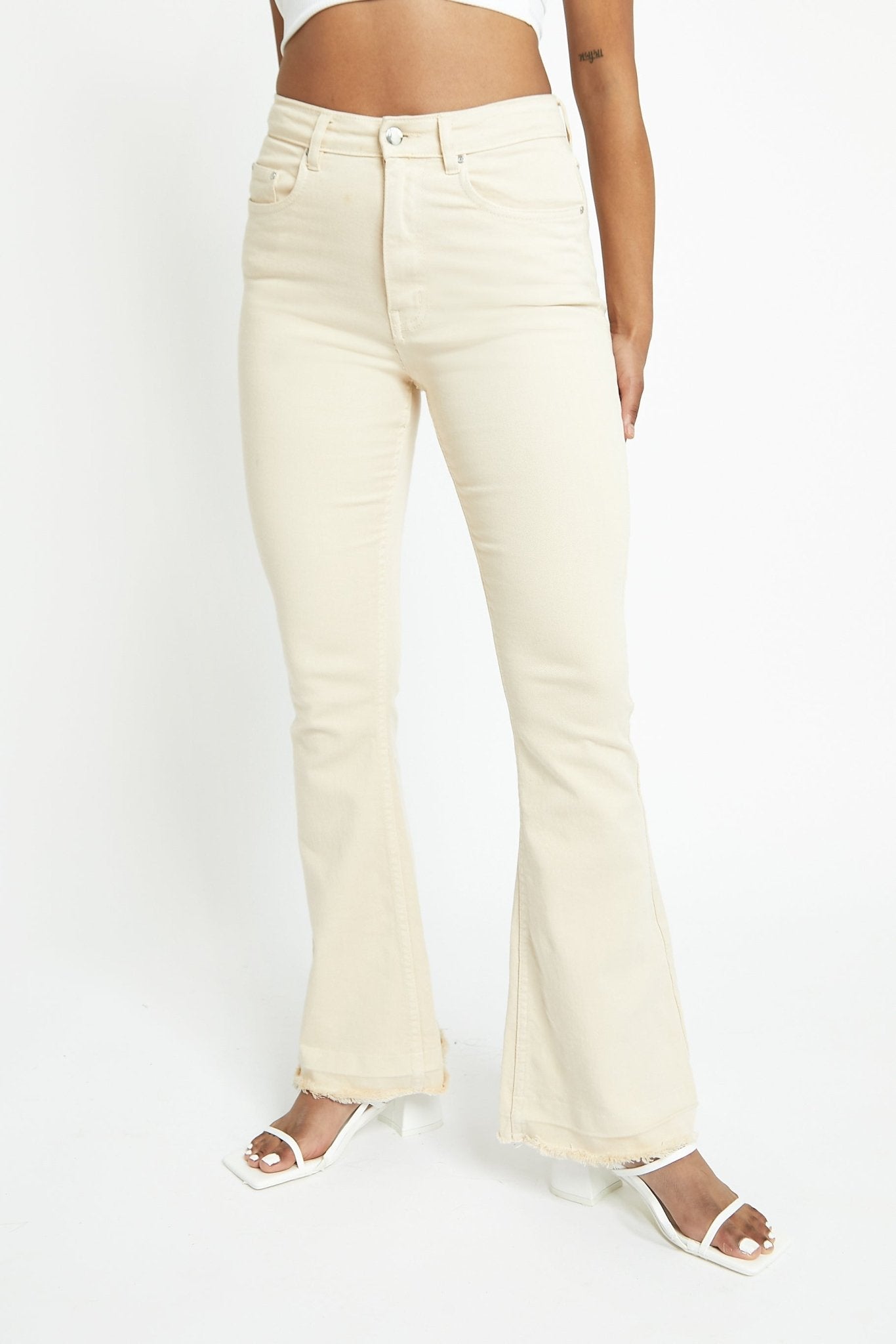 IVORIA High Waisted Stretch Flare Jeans - Ecru - JMOJO - Women's Flare Jeans