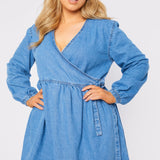 JMOJO PLUS: WRAP TIE DENIM DRESS - LIGHT BLUE WASH - JMOJO - Women's Denim Dresses