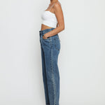 Jorah Cotton High Rise Straight Leg Frayed Hem Jeans - Mid Stone Blue - JMOJO - Women's Straight Leg Jeans