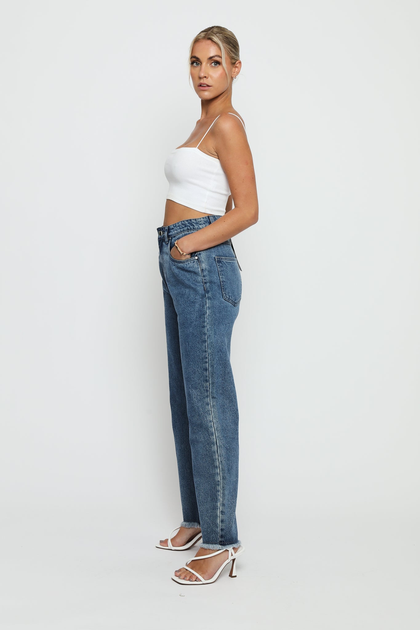Jorah Cotton High Rise Straight Leg Frayed Hem Jeans - Mid Stone Blue - JMOJO - Women's Straight Leg Jeans