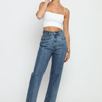 Jorah Cotton High Rise Straight Leg Frayed Hem Jeans - Mid Stone Blue - JMOJO - Women's Straight Leg Jeans