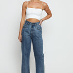 Jorah Cotton High Rise Straight Leg Frayed Hem Jeans - Mid Stone Blue - JMOJO - Women's Straight Leg Jeans