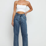 Jorah Cotton High Rise Straight Leg Frayed Hem Jeans - Mid Stone Blue - JMOJO - Women's Straight Leg Jeans