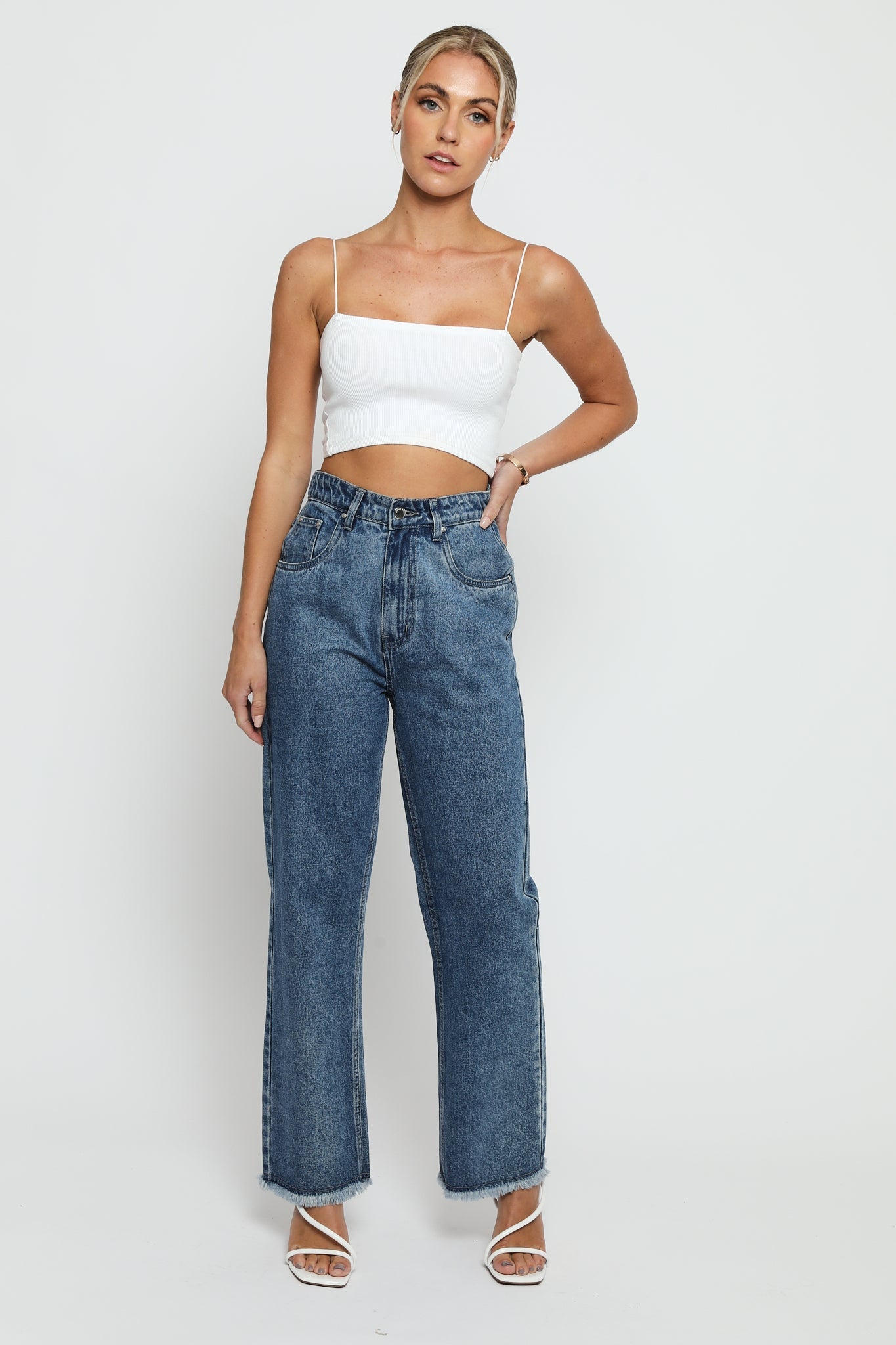 Jorah Cotton High Rise Straight Leg Frayed Hem Jeans - Mid Stone Blue - JMOJO - Women's Straight Leg Jeans