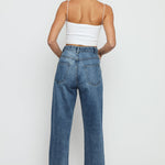 Jorah Cotton High Rise Straight Leg Frayed Hem Jeans - Mid Stone Blue - JMOJO - Women's Straight Leg Jeans