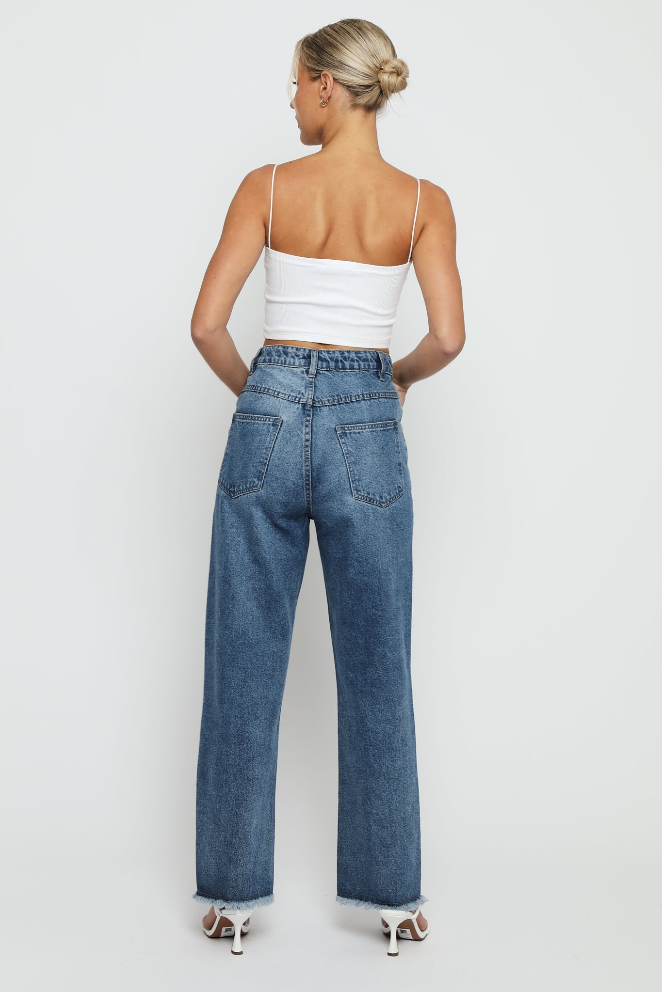 Jorah Cotton High Rise Straight Leg Frayed Hem Jeans - Mid Stone Blue - JMOJO - Women's Straight Leg Jeans