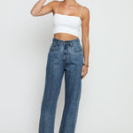 Jorah Cotton High Rise Straight Leg Frayed Hem Jeans - Mid Stone Blue - JMOJO - Women's Straight Leg Jeans