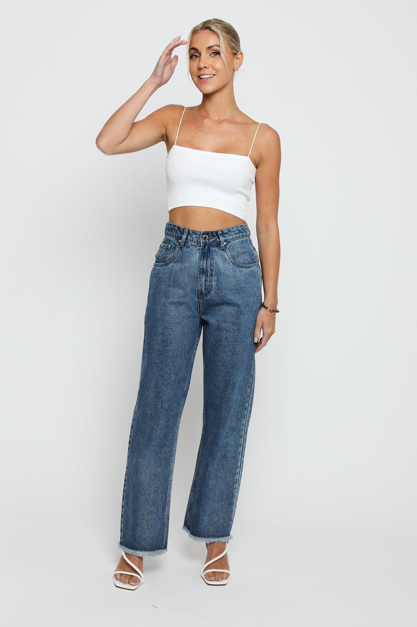 Jorah Cotton High Rise Straight Leg Frayed Hem Jeans - Mid Stone Blue - JMOJO - Women's Straight Leg Jeans