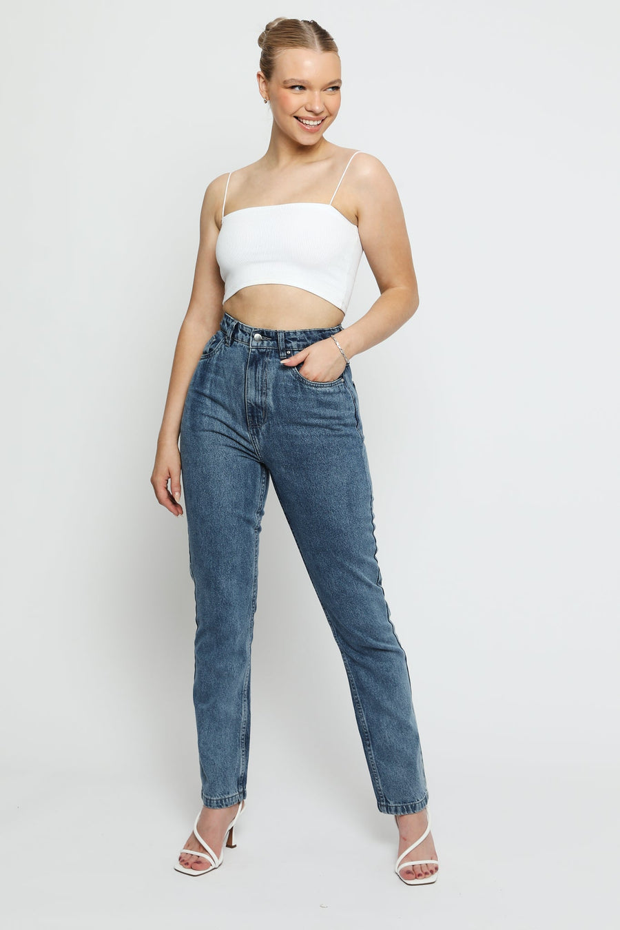 Jorah Stretch Denim High Rise Slim Straight Leg Jeans - Stone Blue - JMOJO - Women's Straight Leg Jeans