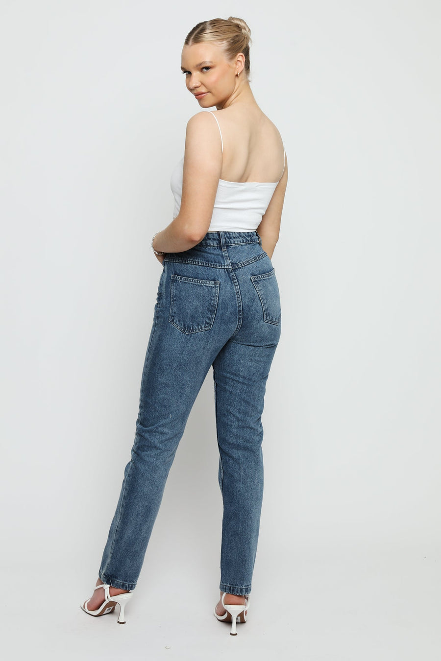 Jorah Stretch Denim High Rise Slim Straight Leg Jeans - Stone Blue - JMOJO - Women's Straight Leg Jeans