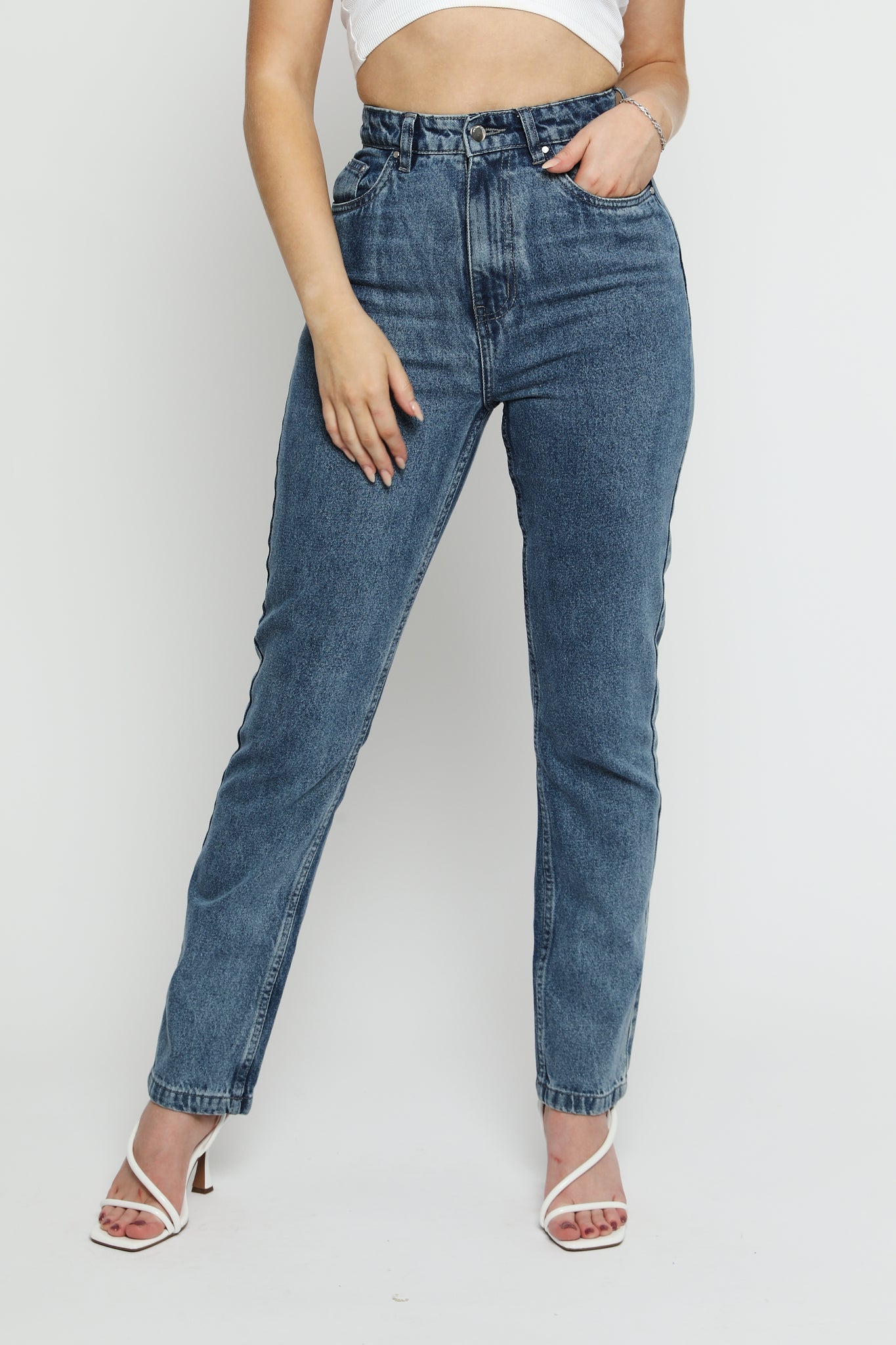 Jorah Stretch Denim High Rise Slim Straight Leg Jeans - Stone Blue - JMOJO - Women's Straight Leg Jeans