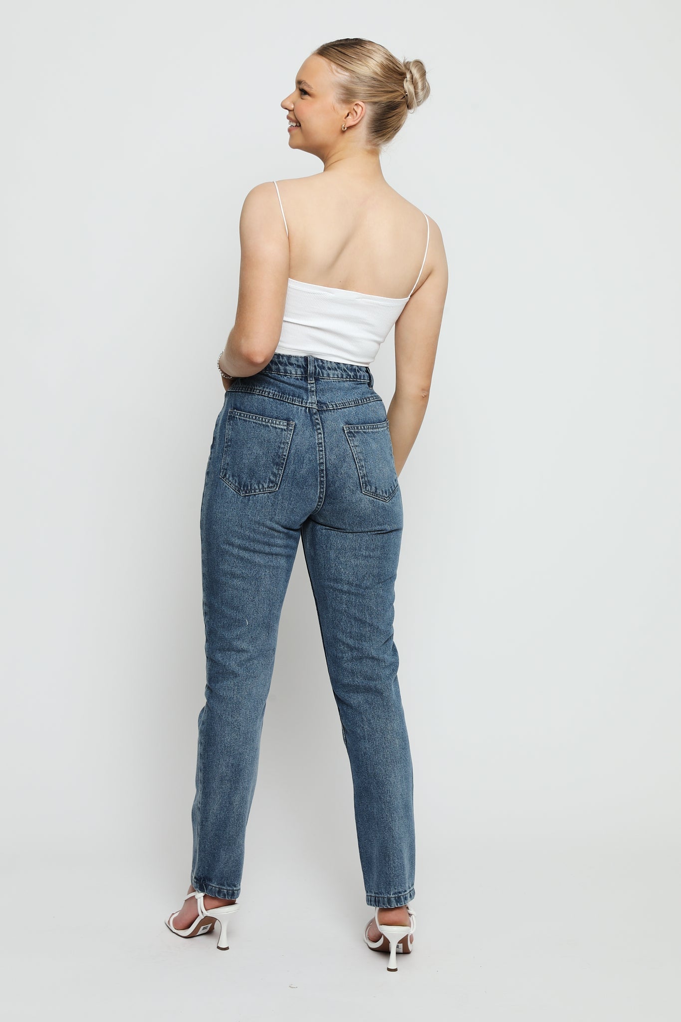 Jorah Stretch Denim High Rise Slim Straight Leg Jeans - Stone Blue - JMOJO - Women's Straight Leg Jeans