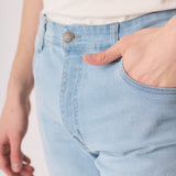 light blue slim fit jeans seated view denim stretch comfort