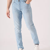 light blue slim fit stretch denim jeans hem and leg detail