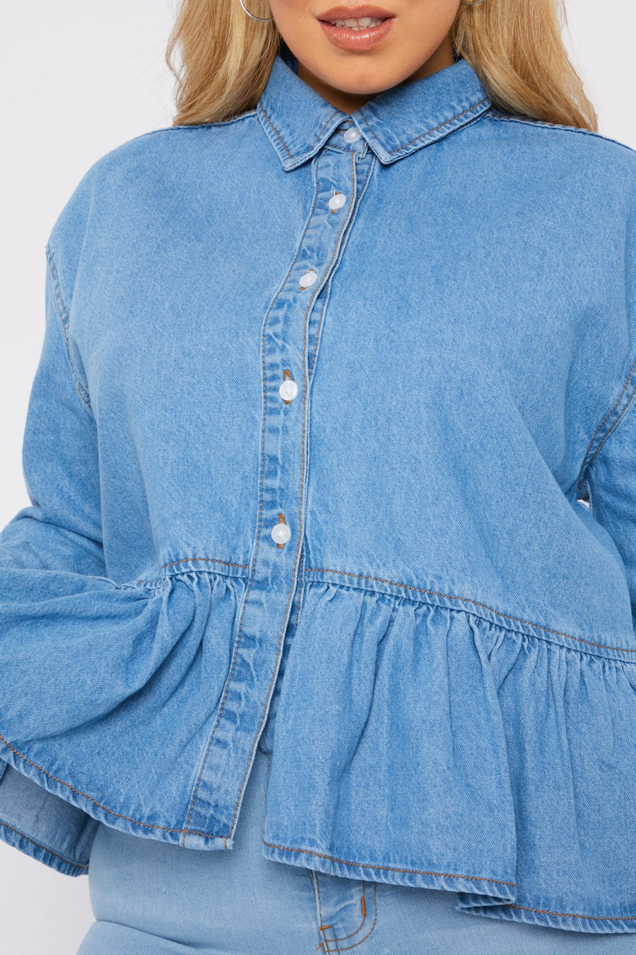 Liora Plus Size Peplum Denim Shirt – Light Blue - JMOJO - Women's Oversize Denim Shirts