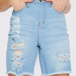 LONGLINE FRAYED DENIM SHORTS - LIGHT BLUE WASH - JMOJO - Women's Denim Shorts