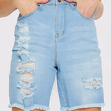 LONGLINE FRAYED DENIM SHORTS - LIGHT BLUE WASH - JMOJO - Women's Denim Shorts