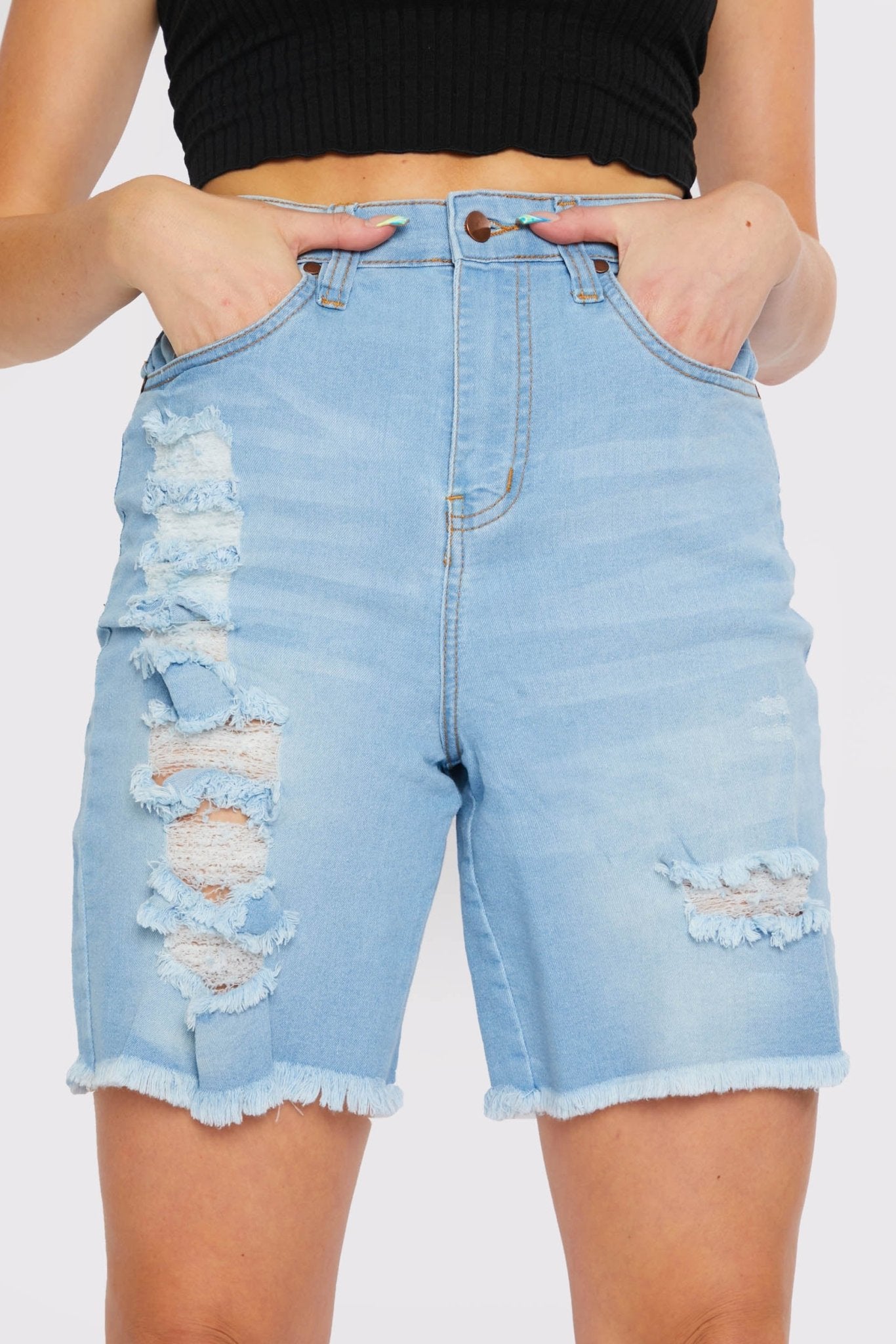 LONGLINE FRAYED DENIM SHORTS - LIGHT BLUE WASH - JMOJO - Women's Denim Shorts