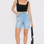 LONGLINE FRAYED DENIM SHORTS - LIGHT BLUE WASH - JMOJO - Women's Denim Shorts