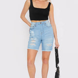 LONGLINE FRAYED DENIM SHORTS - LIGHT BLUE WASH - JMOJO - Women's Denim Shorts