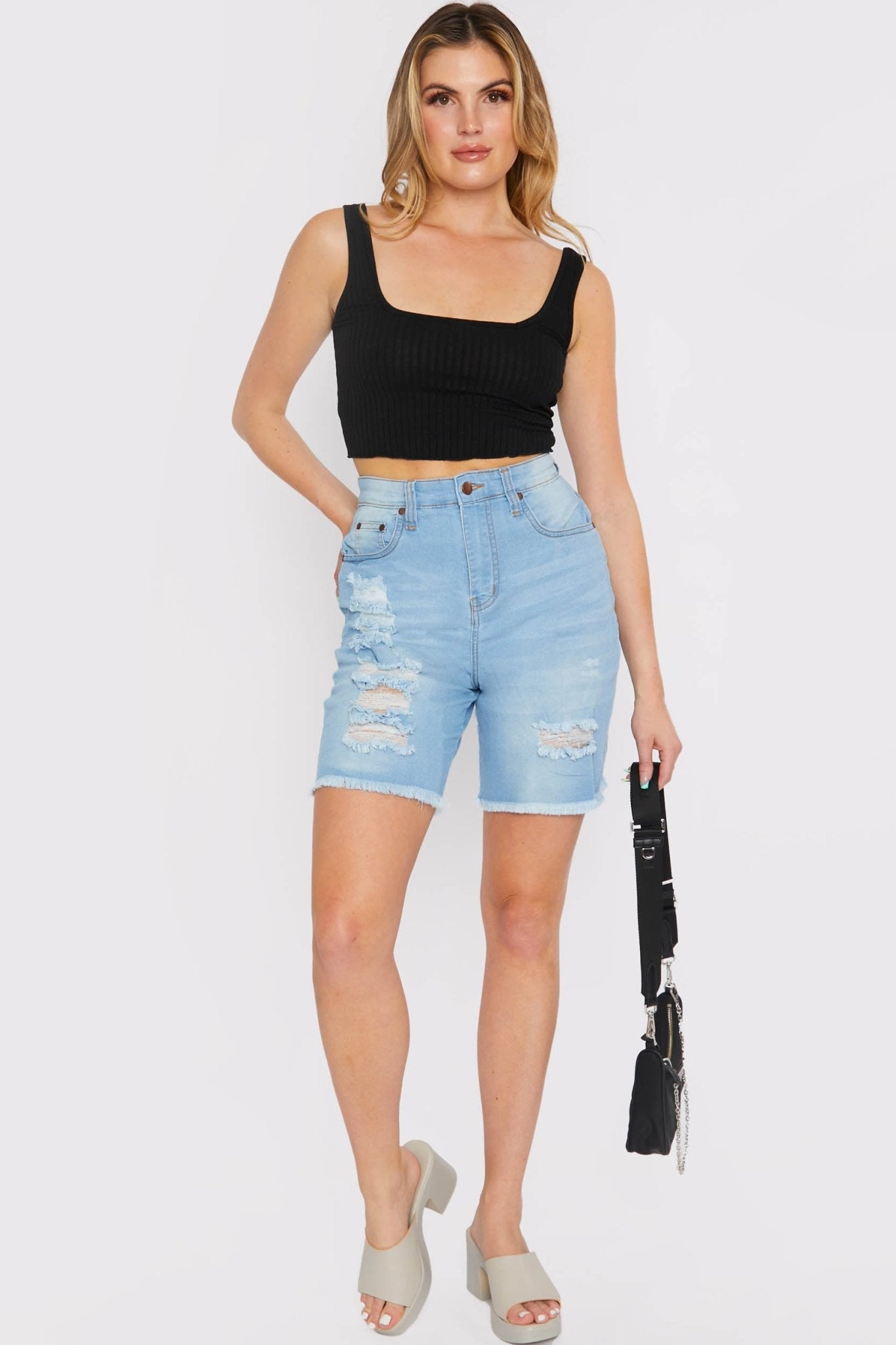 LONGLINE FRAYED DENIM SHORTS - LIGHT BLUE WASH - JMOJO - Women's Denim Shorts