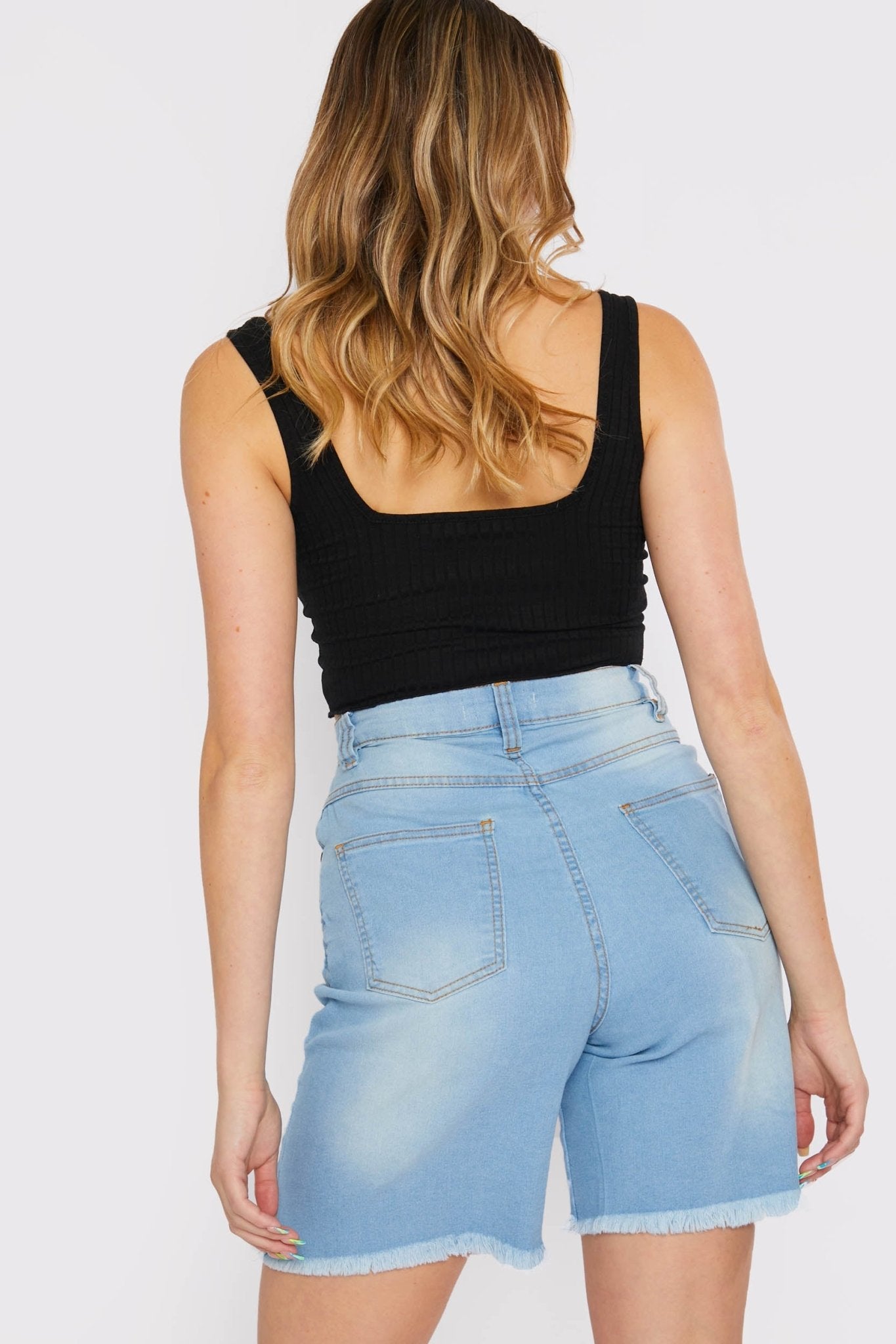 LONGLINE FRAYED DENIM SHORTS - LIGHT BLUE WASH - JMOJO - Women's Denim Shorts