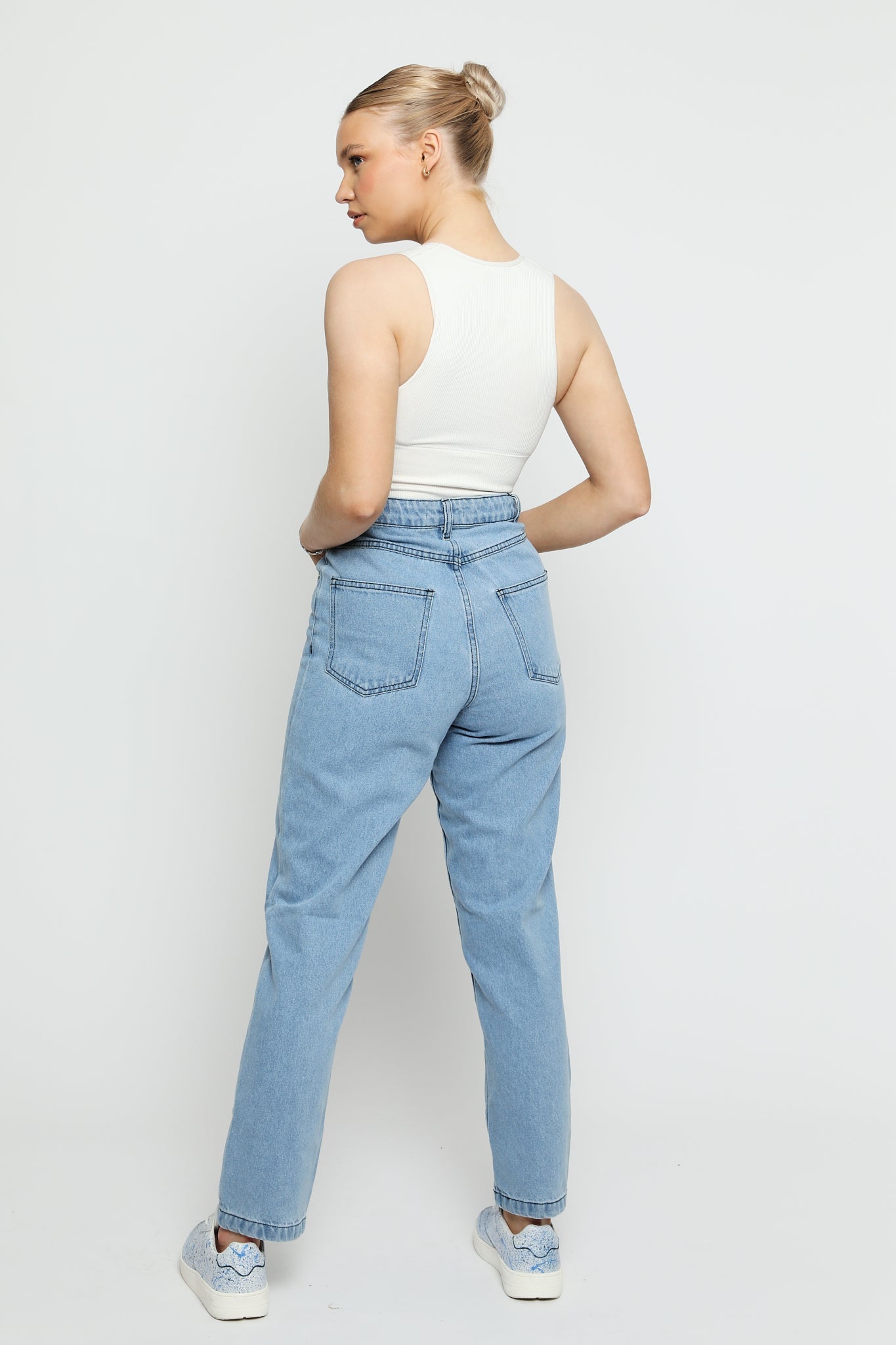 Luxzi High Waisted Stretch Denim Straight Leg Jeans - Light Blue - JMOJO - Women's Straight Leg Jeans