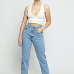 Luxzi High Waisted Stretch Denim Straight Leg Jeans - Light Blue - JMOJO - Women's Straight Leg Jeans