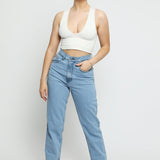 Luxzi High Waisted Stretch Denim Straight Leg Jeans - Light Blue - JMOJO - Women's Straight Leg Jeans