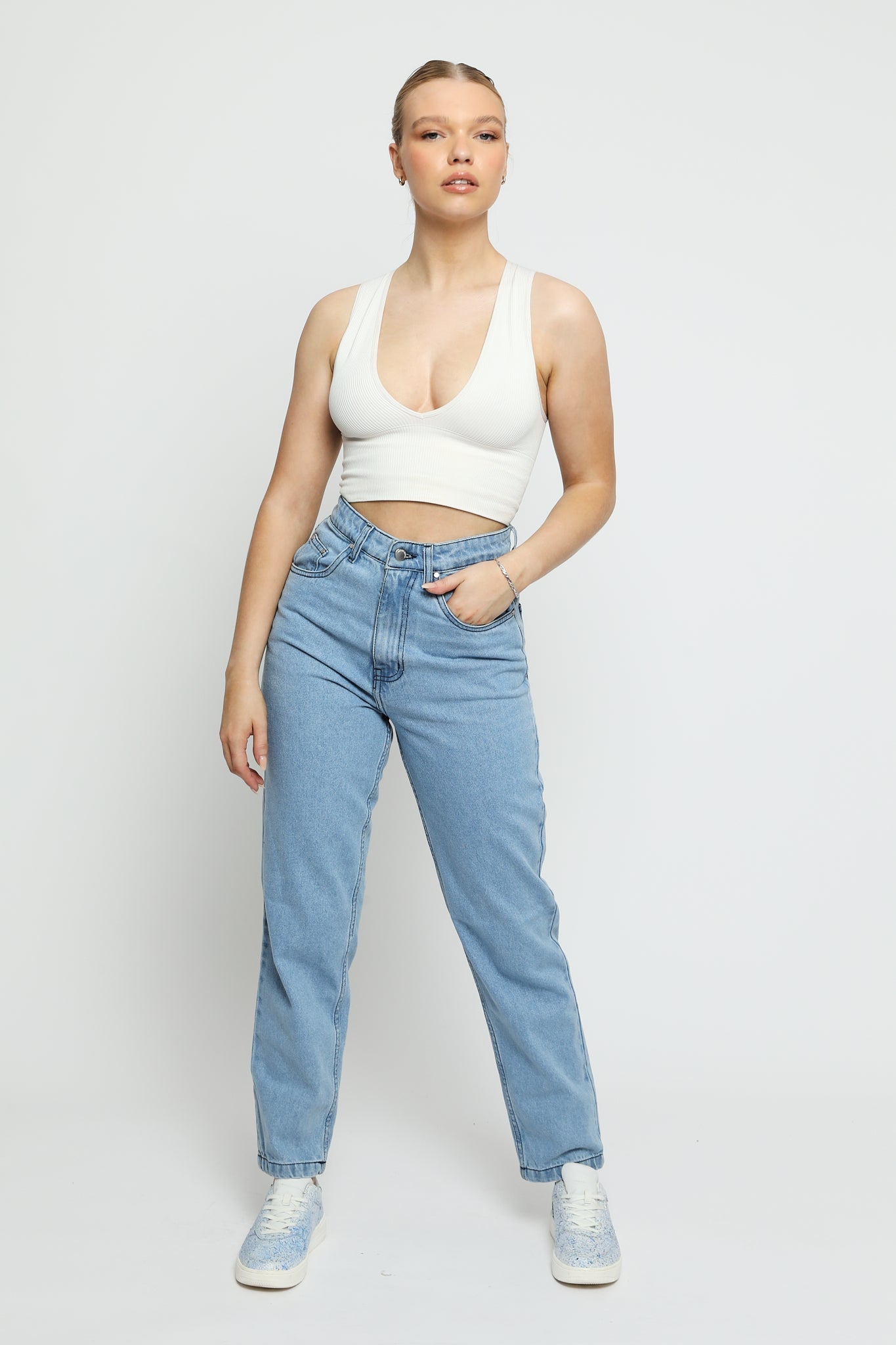 Luxzi High Waisted Stretch Denim Straight Leg Jeans - Light Blue - JMOJO - Women's Straight Leg Jeans