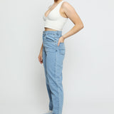 Luxzi High Waisted Stretch Denim Straight Leg Jeans - Light Blue - JMOJO - Women's Straight Leg Jeans