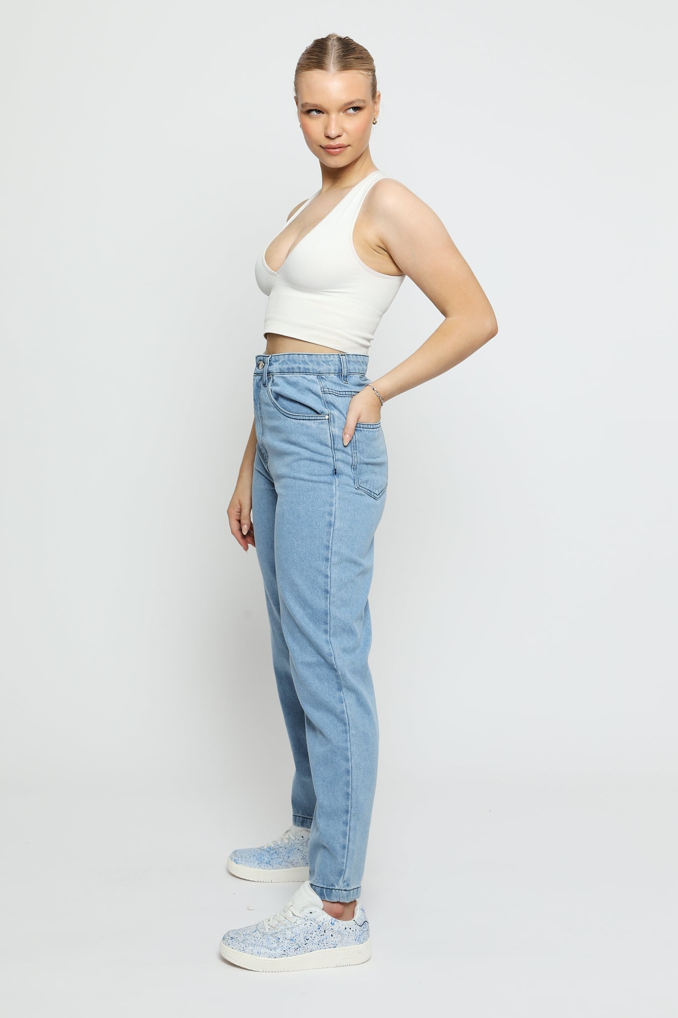 Luxzi High Waisted Stretch Denim Straight Leg Jeans - Light Blue - JMOJO - Women's Straight Leg Jeans